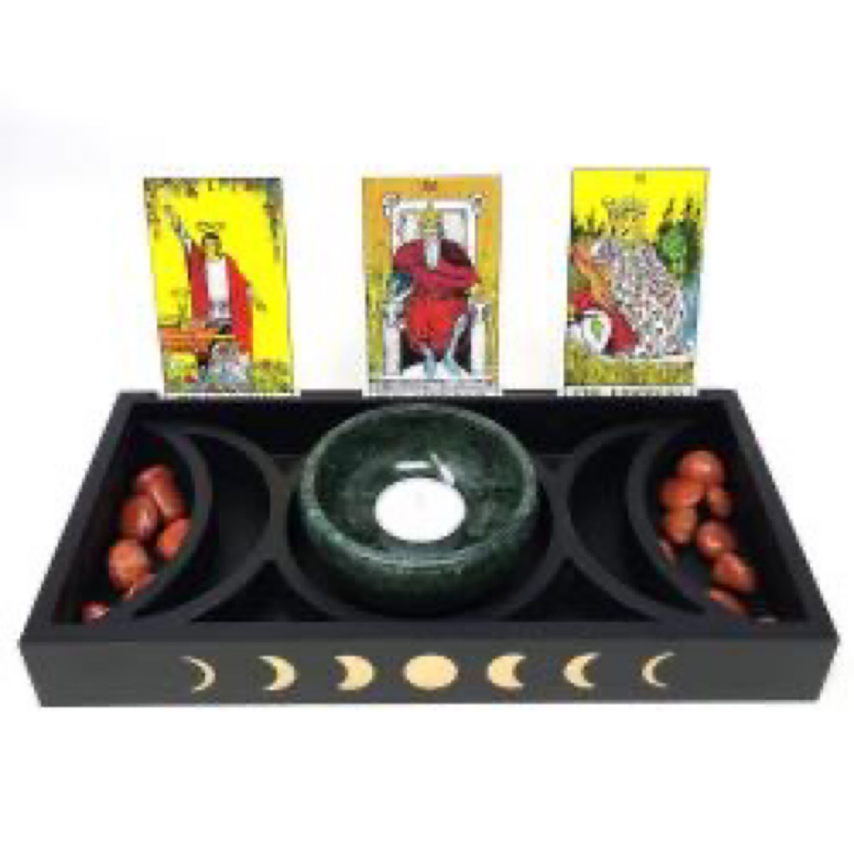 Wooden Triple Moon & Moon Phase Tarot Card Tray Holder