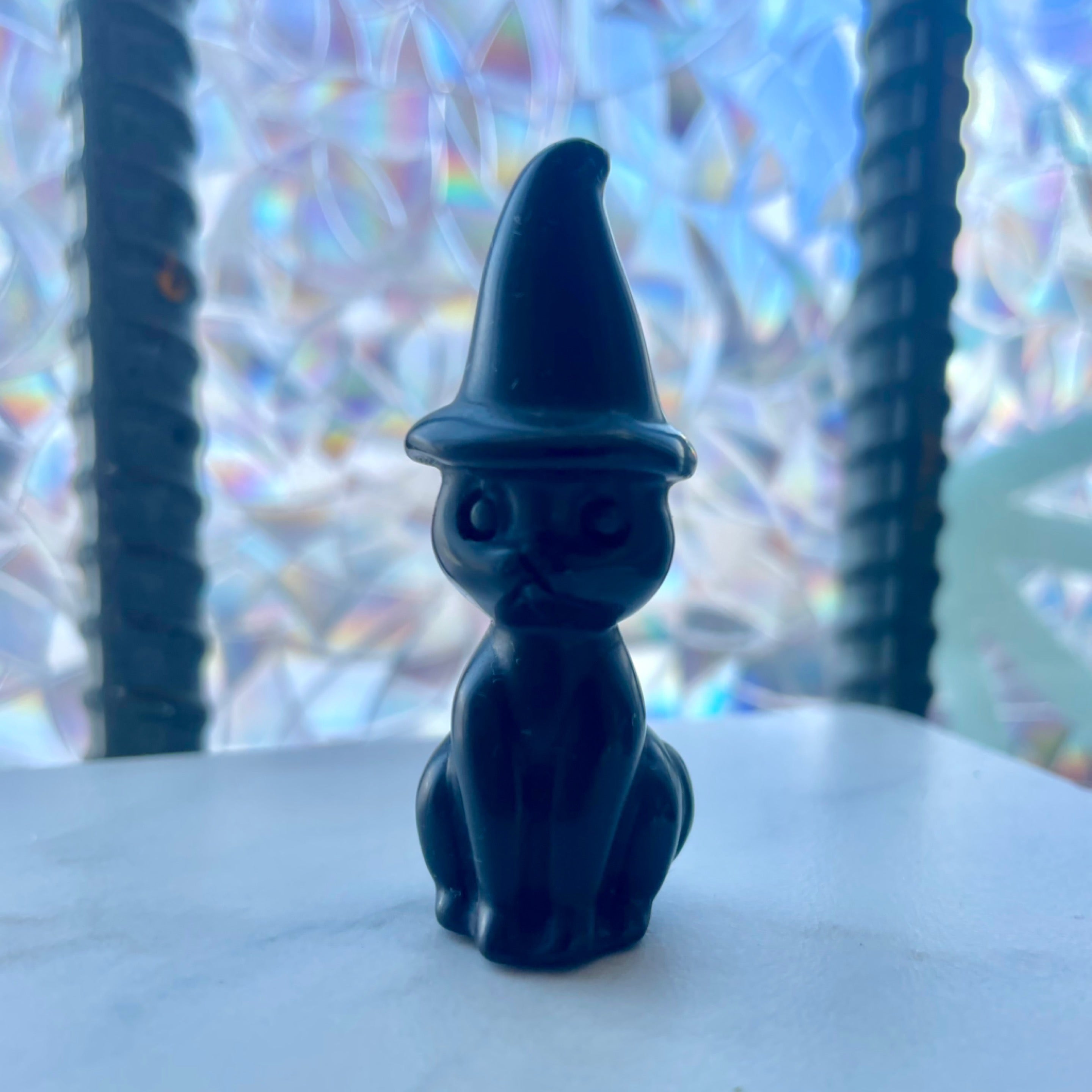 Obsidian Cat With Witch Hat
