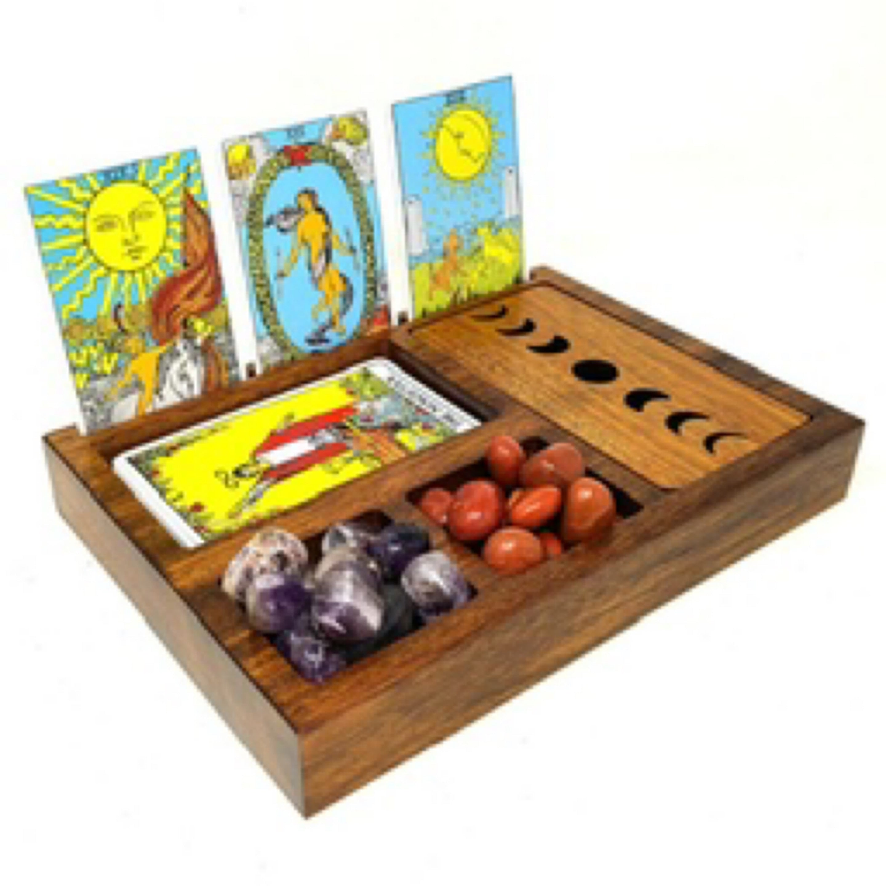 Wooden Tarot Card Holder with Moon Phase Lid Design Storage