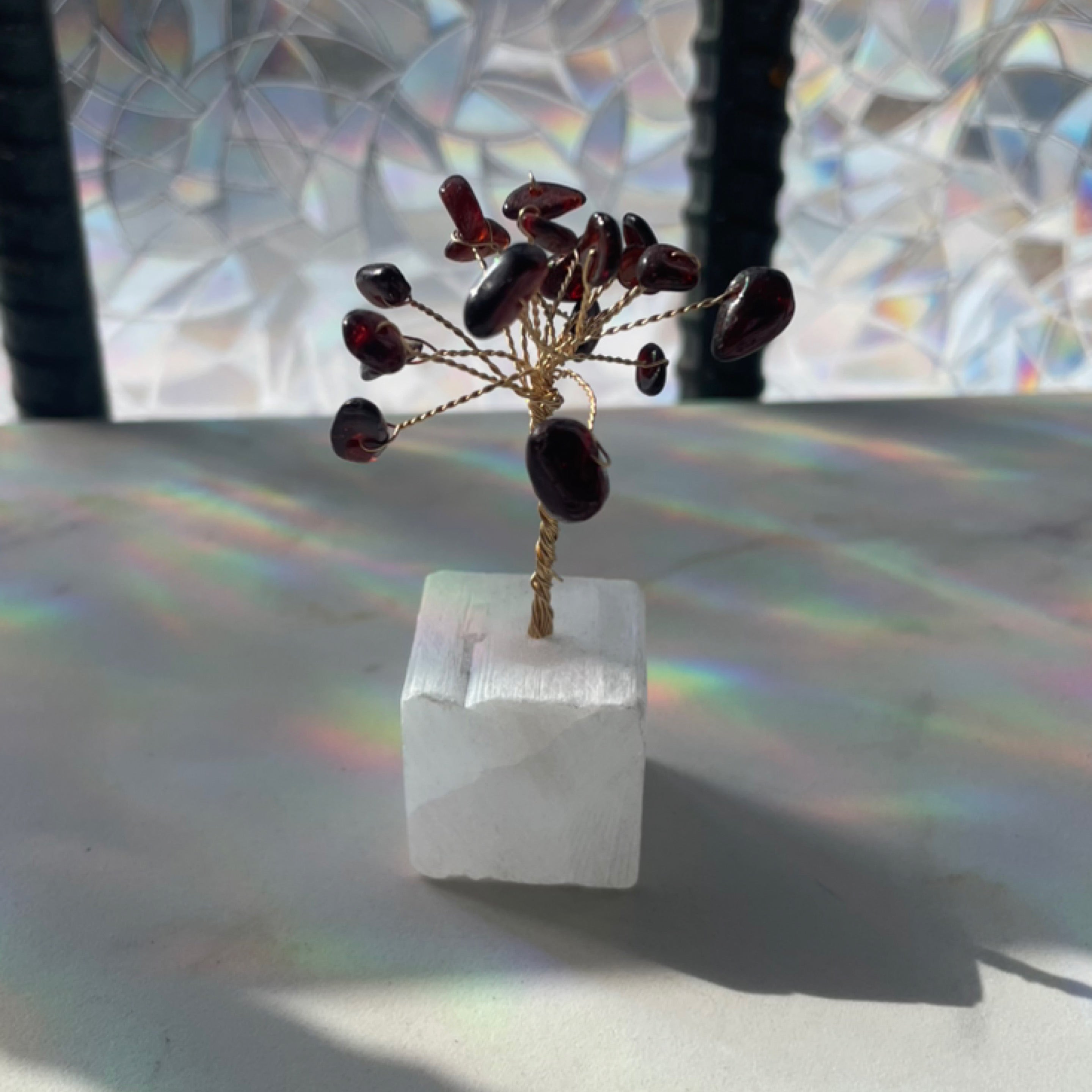 Selenite Tree with Garnet
