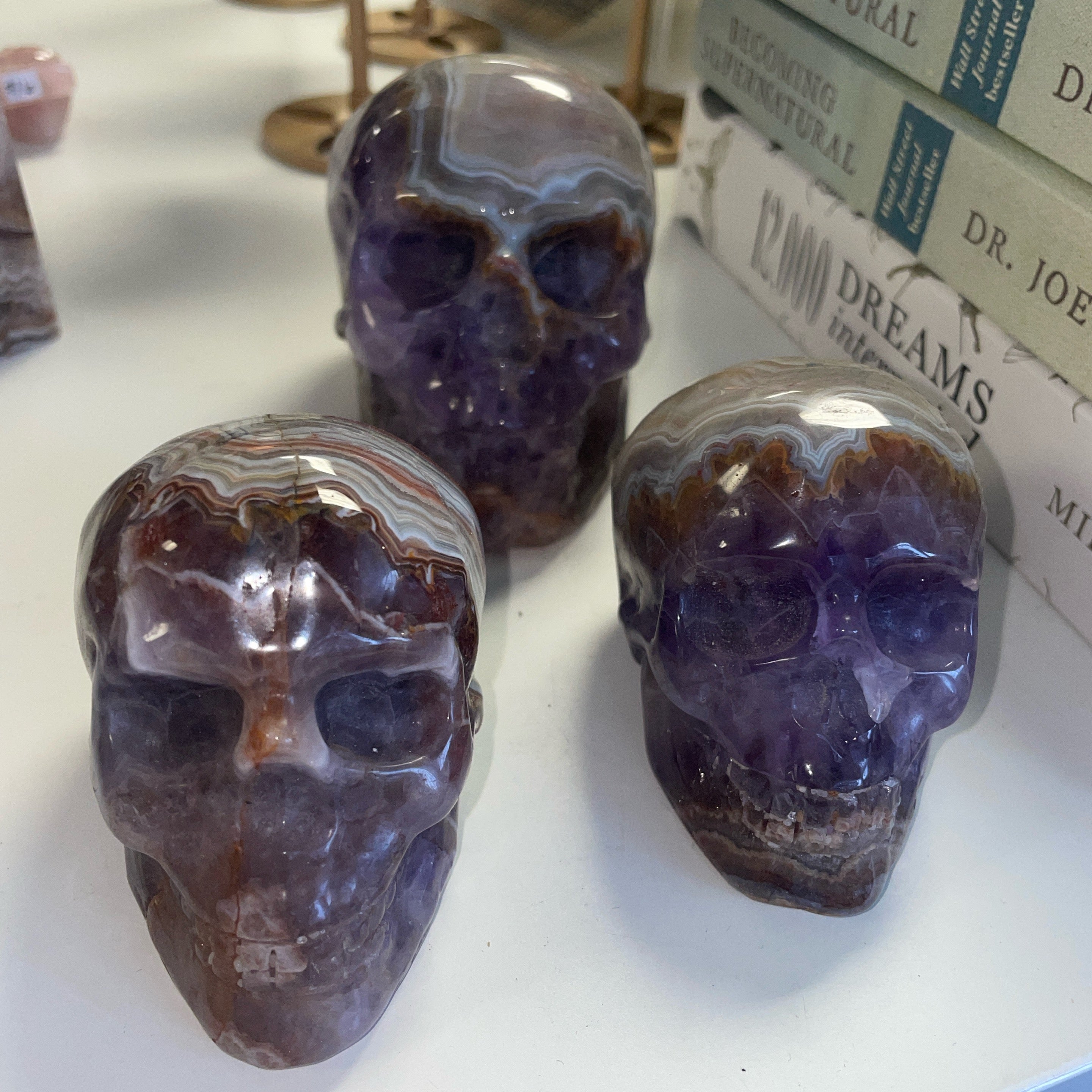 Crazy Lace Agate / Amethyst Skulls