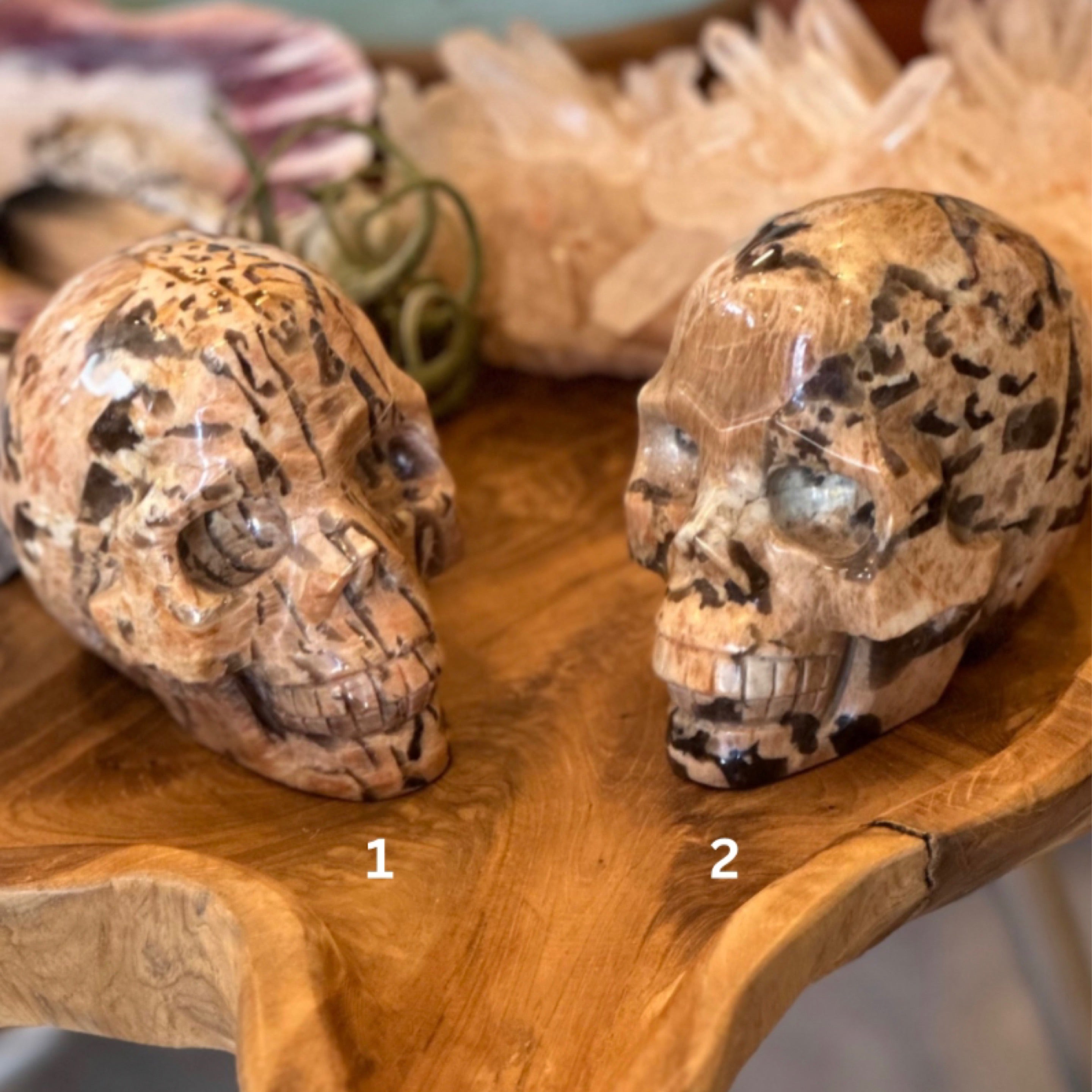 Peach Moonstone with Smoky Quartz Skull