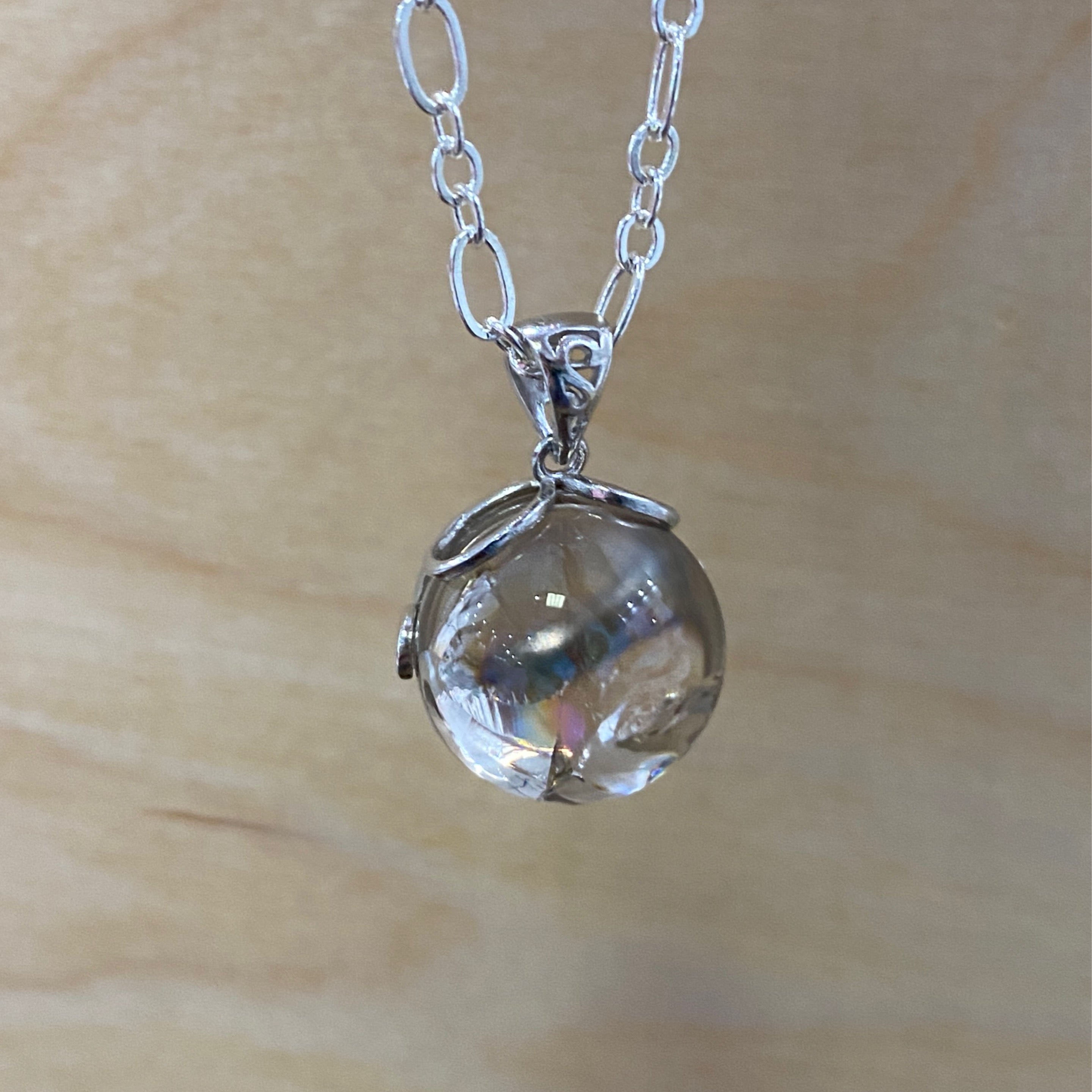 necklace-silver clear quartz ball, short